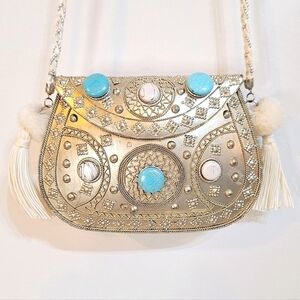 White Brass Boho Turquoise Mala Saddle Purse - Small
